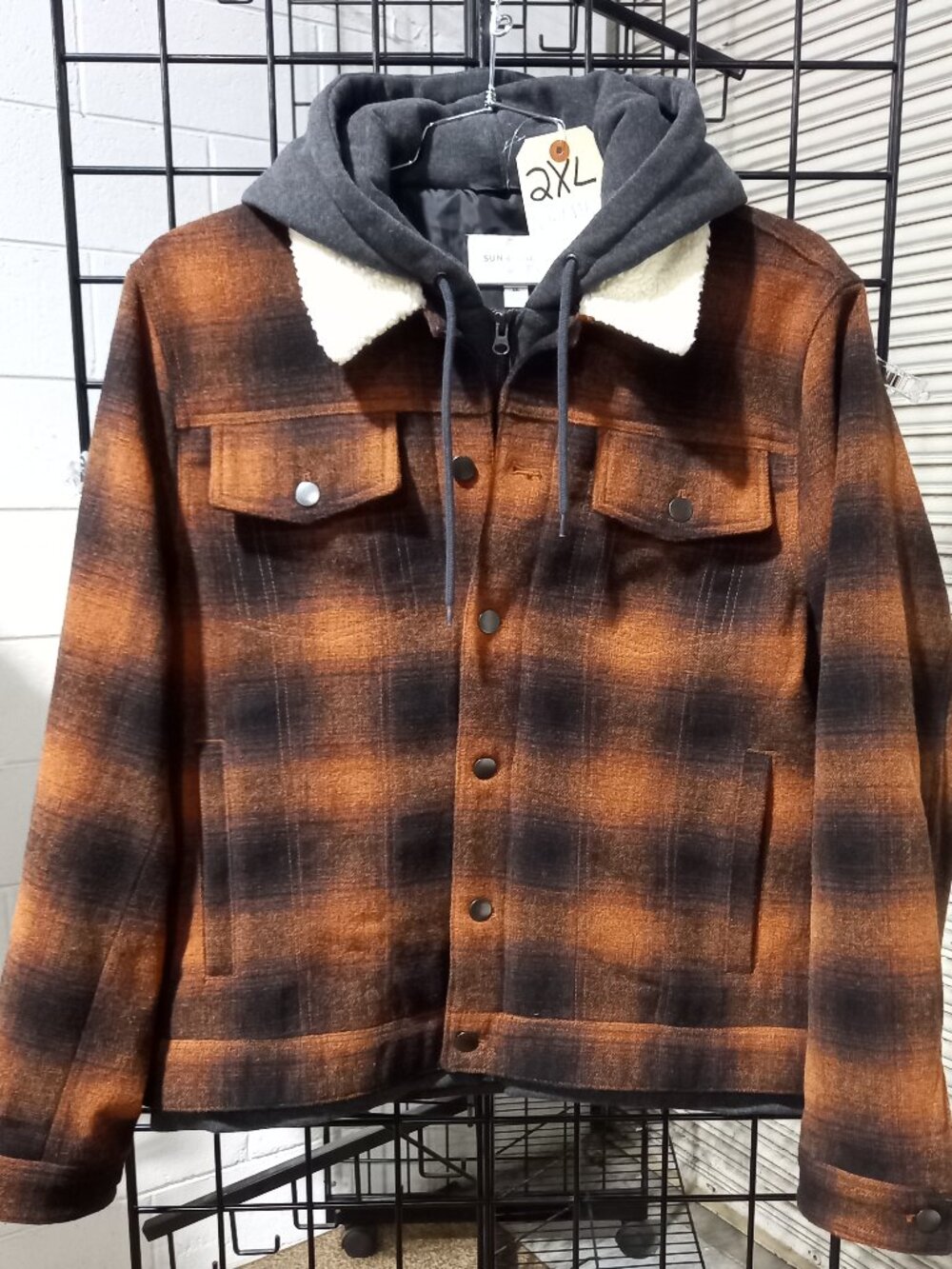 Men's Hooded Wool Blend Plaid Trucker Jacket - Rust/Black | 2XL